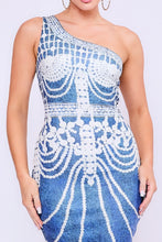 Load image into Gallery viewer, One Shoulder Denim Print Dress