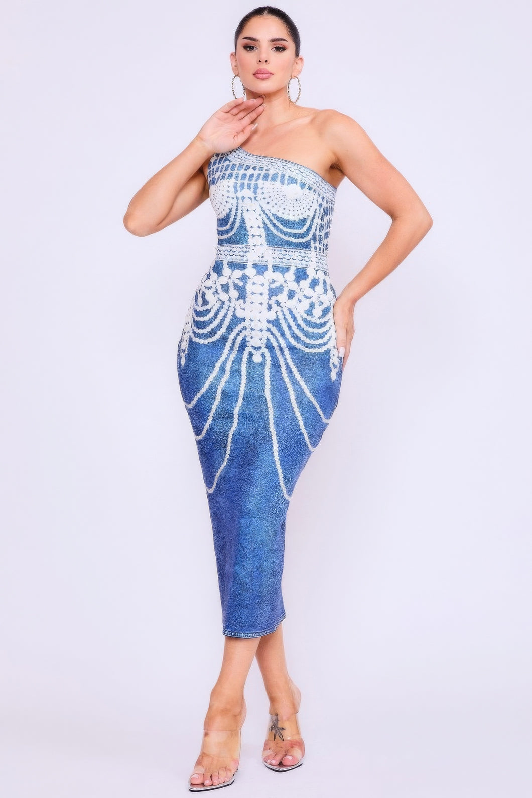 One Shoulder Denim Print Dress