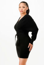 Load image into Gallery viewer, Off Shoulder Wrap Belted Ribbed Sweather Dress