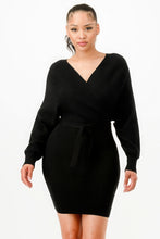 Load image into Gallery viewer, Off Shoulder Wrap Belted Ribbed Sweather Dress