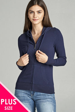 Ladies fashion plus size full zip-up closure hoodie w/long sleeves and lined drawstring hood