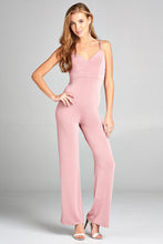 Load image into Gallery viewer, Ladies fashion v-neck w/back cross strap long leg poly spandex knit jumpsuit
