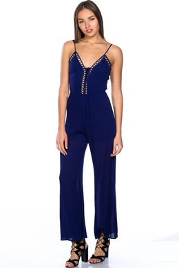 Ladies fashion lattice plunge cage jumpsuit
