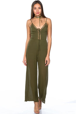 Ladies fashion lattice plunge cage jumpsuit