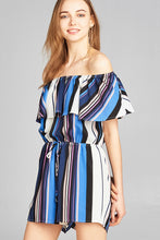 Load image into Gallery viewer, Ladies fashion off the shoulder flounce multi stripe woven romper