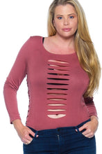 Load image into Gallery viewer, Ladies fashion plus size shredded allover rose long sleeves bodysuit