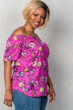 Load image into Gallery viewer, Ladies fashion plus size boho fuchsia floral print elastic neckline off the shoulder top