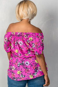 Ladies fashion plus size boho fuchsia floral print elastic neckline off the shoulder top