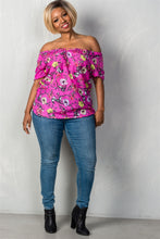 Load image into Gallery viewer, Ladies fashion plus size boho fuchsia floral print elastic neckline off the shoulder top