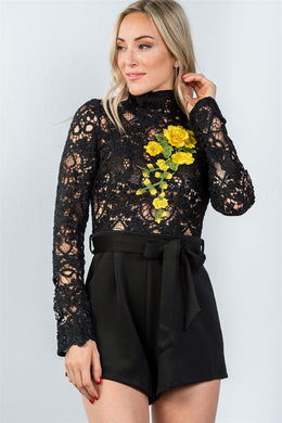 Ladies fashion high neck long sleeves floral embroidered crochet belted romper