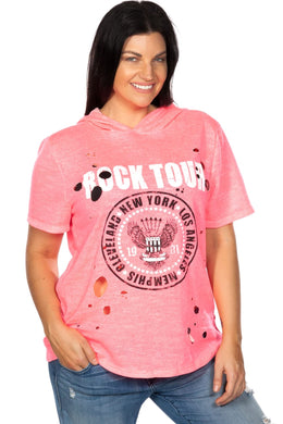 Ladies fashion plus size graphic short-sleeve distressed hoodie