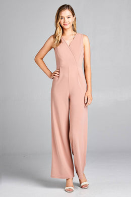 Ladies fashion double v-neck long wide jumpsuit