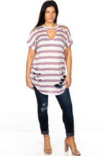 Load image into Gallery viewer, Ladies fashion plus size round neckline striped and destroyed cutout tee