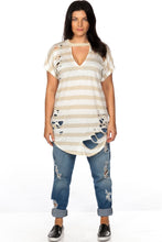 Load image into Gallery viewer, Ladies fashion plus size round neckline striped and destroyed cutout tee