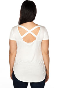 Ladies fashion plus size off white cut out criss cross back top