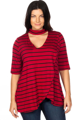 Ladies fashion plus size mock neck choker keyhole stripe asymmetric top