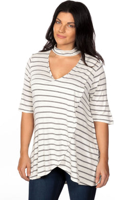 Ladies fashion plus size mock neck choker keyhole stripe asymmetric top