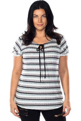Ladies fashion plus size lace stripe knit top