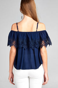 Ladies fashion open shoulder flounce w/crochet lace crinkle gauze woven top