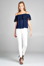 Load image into Gallery viewer, Ladies fashion open shoulder flounce w/crochet lace crinkle gauze woven top