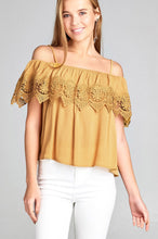 Load image into Gallery viewer, Ladies fashion open shoulder flounce w/crochet lace crinkle gauze woven top