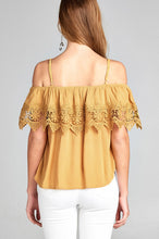 Load image into Gallery viewer, Ladies fashion open shoulder flounce w/crochet lace crinkle gauze woven top