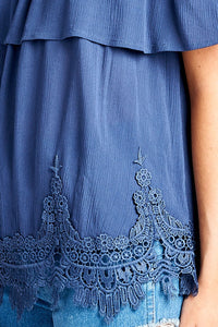Ladies fashion flounce open shoulder w/hem crochet lace crinkle gauze woven top