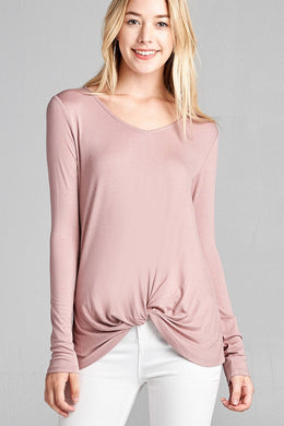 Ladies fashion long sleeve v-neck front twisted rayon spandex crepe top