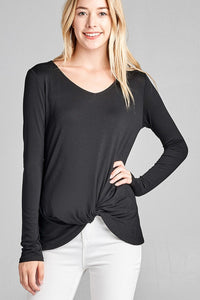 Ladies fashion long sleeve v-neck front twisted rayon spandex crepe top