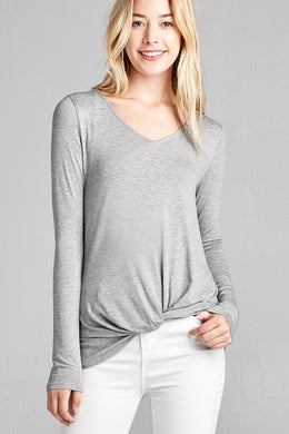 Ladies fashion long sleeve v-neck front twisted rayon spandex crepe top