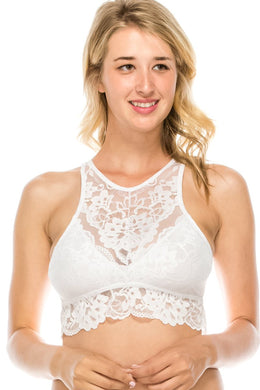 Ladies fashion floral lace high-neck bralette racerback w/keyhole