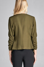 Load image into Gallery viewer, Ladies fashion 3/4 shirring sleeve open front woven jacket