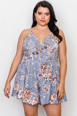 Plus Size Floral Print Lace Trim Cut Out Back Romper