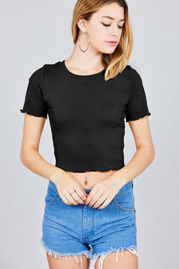 Short Sleeve Round Neck Lettuce Hem Rib Crop Top