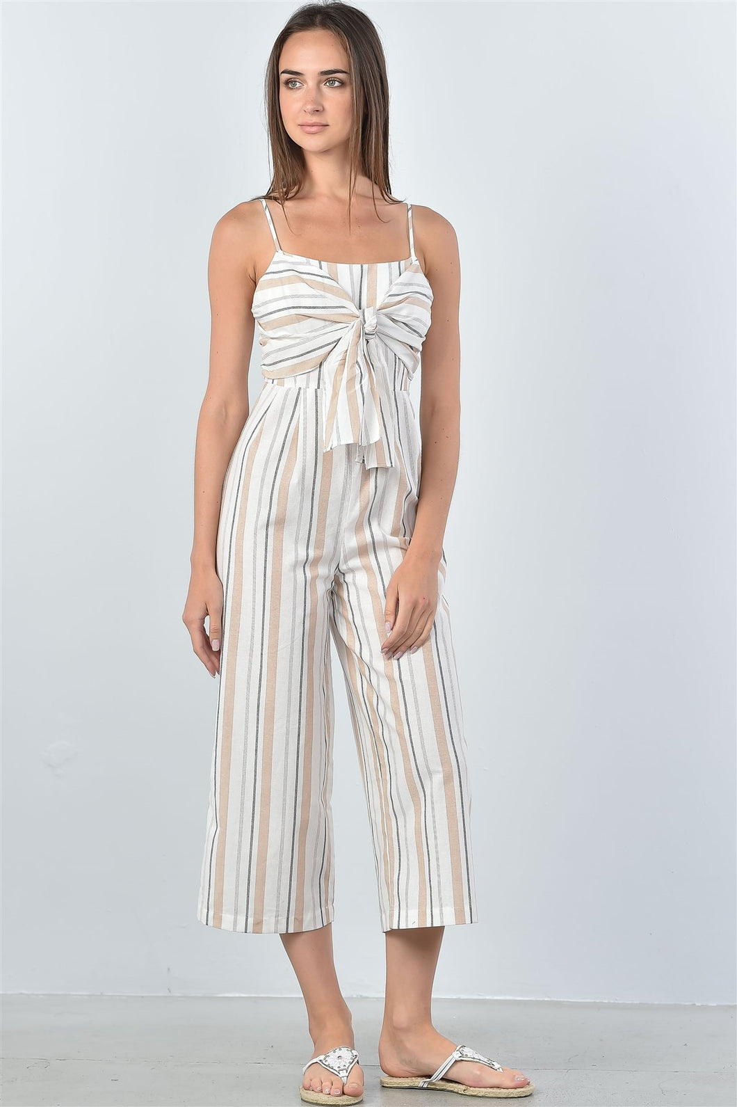 Cream Knotted Striped Jumpsuit