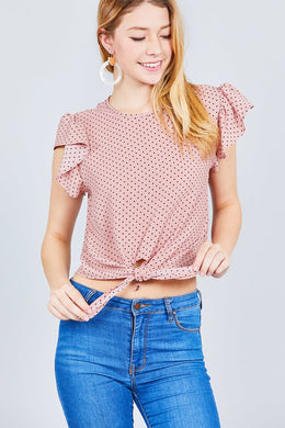 Ruffle Sleeve Round Neck Front Tie Dot Print Woven Top