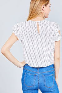 Ruffle Sleeve Round Neck Front Tie Dot Print Woven Top