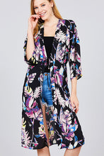 Load image into Gallery viewer, 3/4 Dolman Sleeve Front Tie Side Slit Print Long Kimono
