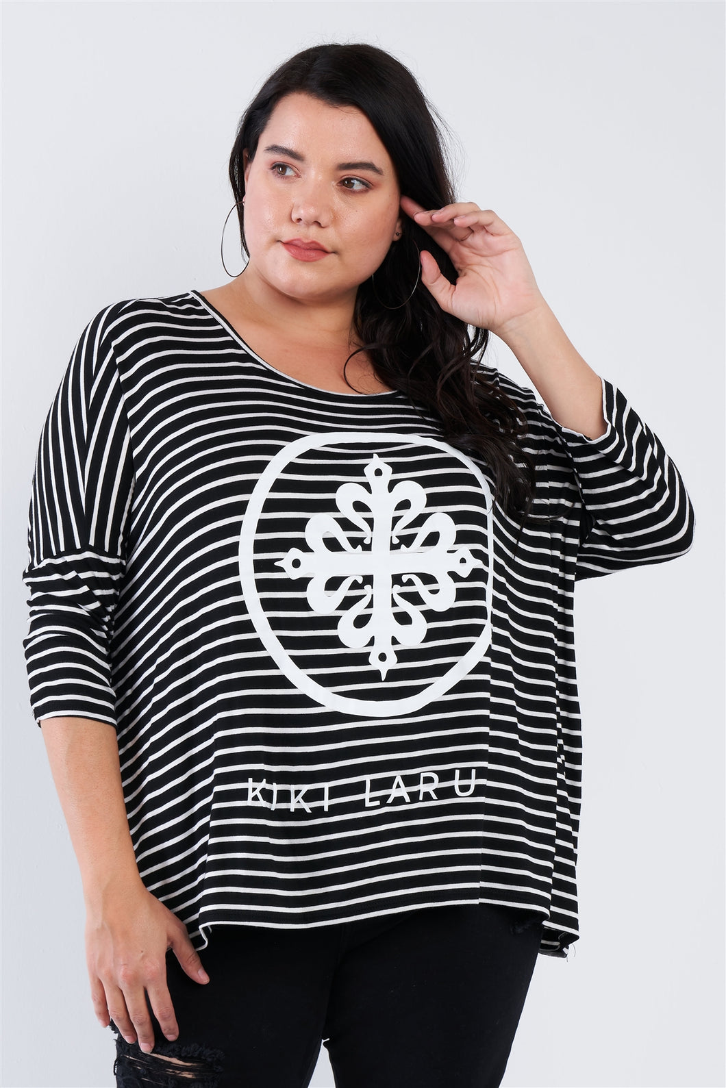 Plus Size Black White Stripe Scoop Neck Relaxed Fit 