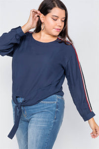 Plus Size Color Block Sleeve Front Knot Semi-sheer Top