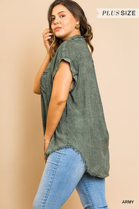 Washed Button Up Short Sleeve Top With Frayed Hemline