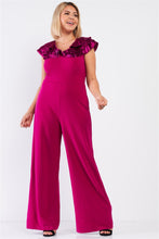Load image into Gallery viewer, Plus Sleeveless Satin Ruffle Shoulder Detail V-neck Wide Leg Jumpsuit