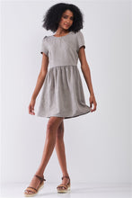 Load image into Gallery viewer, Silver Grey Floral Embroidery Round Neck Short Sleeve Mini Dress