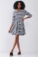 Load image into Gallery viewer, Navy &amp; White Multi Print Round Neck 3/4 Sleeve A-line Mini Dress