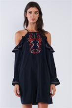 Load image into Gallery viewer, Black Boho Multicolor Traditional Slavic Inspired Floral Embroidery Loose Fit Ruffle Off-the-shoulder Long Sleeve Mini Dress