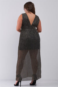 Plus Black & Gold V-neck Sleeveless Pleated Fabric Maxi Dress