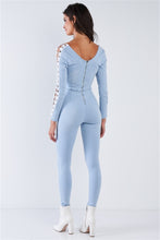 Load image into Gallery viewer, Light Blue Long Sleeved White Side Seam Lace Up V-neck Sexy Denim Jumpsuit