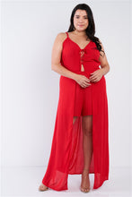 Load image into Gallery viewer, Plus Size Red Maxi Lace Up Romper Dress