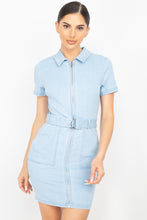 Load image into Gallery viewer, Belted Bodycon Collared Denim Dress