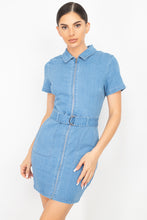 Load image into Gallery viewer, Belted Bodycon Collared Denim Dress